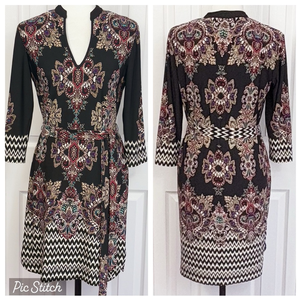 NWT DM Collection Black Multi Print Jeraldeen Jersey Shirt Dress 8